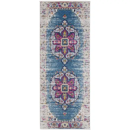 6' Blue and Pink Medallion Power Loom Runner Rug Photo 1