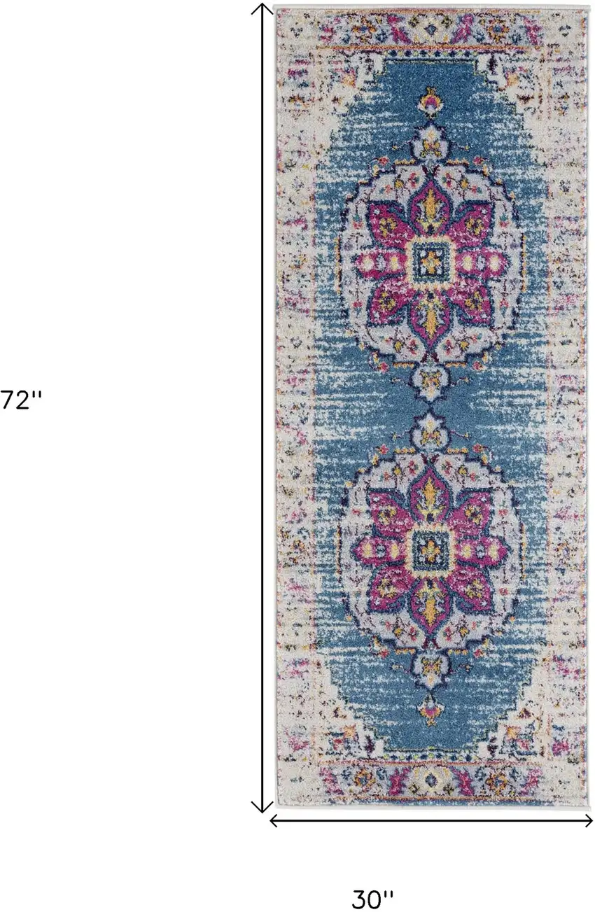 6' Blue and Pink Medallion Power Loom Runner Rug Photo 7