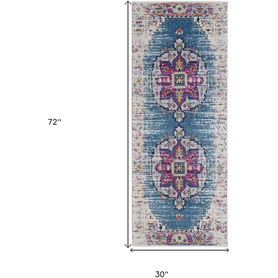 6' Blue and Pink Medallion Power Loom Runner Rug Photo 7