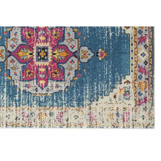 7' Blue and Pink Medallion Power Loom Runner Rug Photo 2