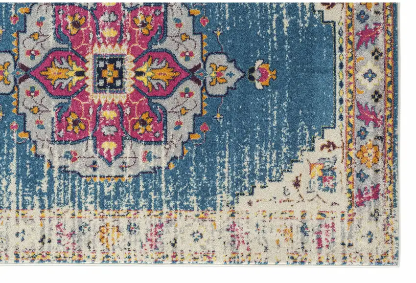 7' Blue and Pink Medallion Power Loom Runner Rug Photo 2