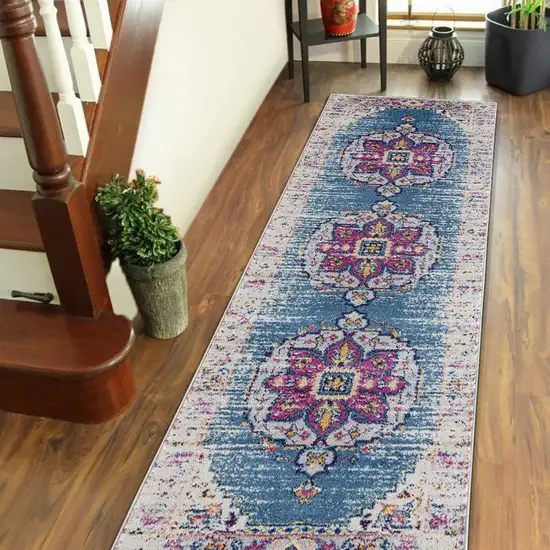 7' Blue and Pink Medallion Power Loom Runner Rug Photo 6