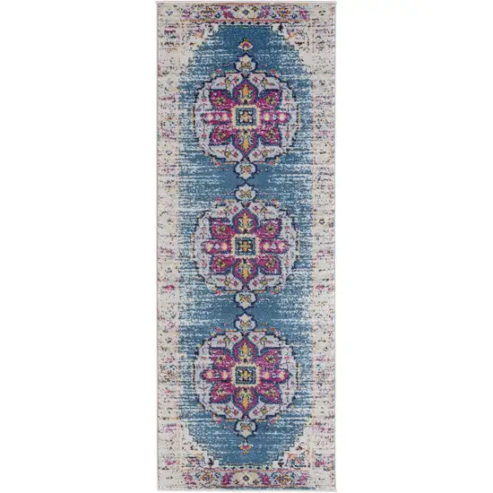 7' Blue and Pink Medallion Power Loom Runner Rug Photo 1
