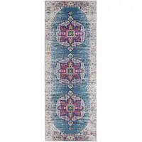 Photo of 7' Blue and Pink Medallion Power Loom Runner Rug