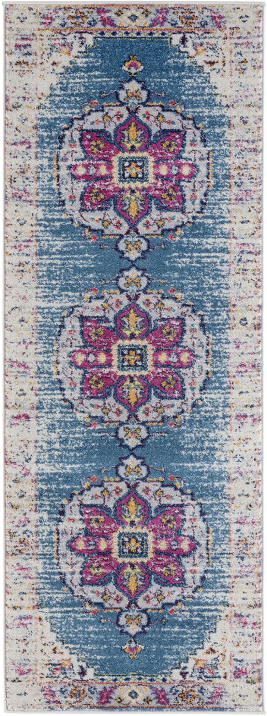 7' Blue and Pink Medallion Power Loom Runner Rug Photo 1