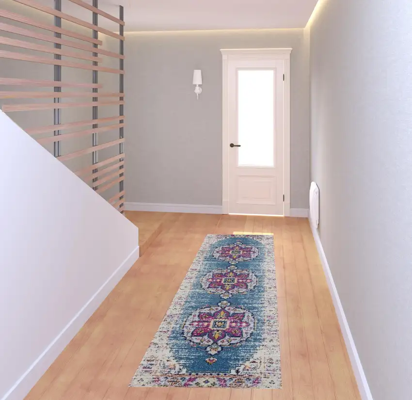 7' Blue and Pink Medallion Power Loom Runner Rug Photo 3