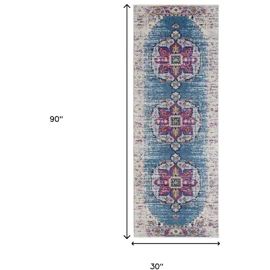 7' Blue and Pink Medallion Power Loom Runner Rug Photo 7