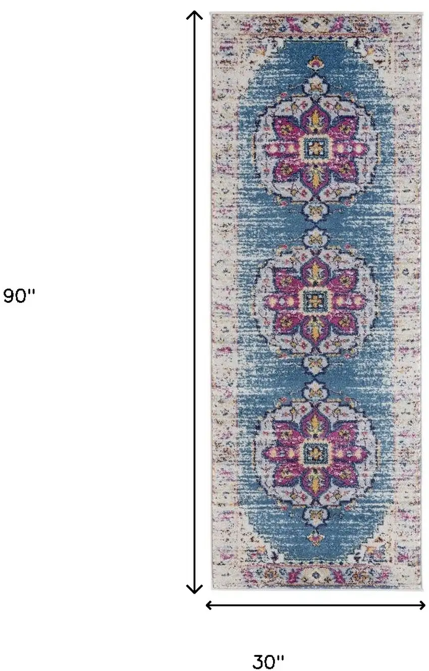 7' Blue and Pink Medallion Power Loom Runner Rug Photo 7