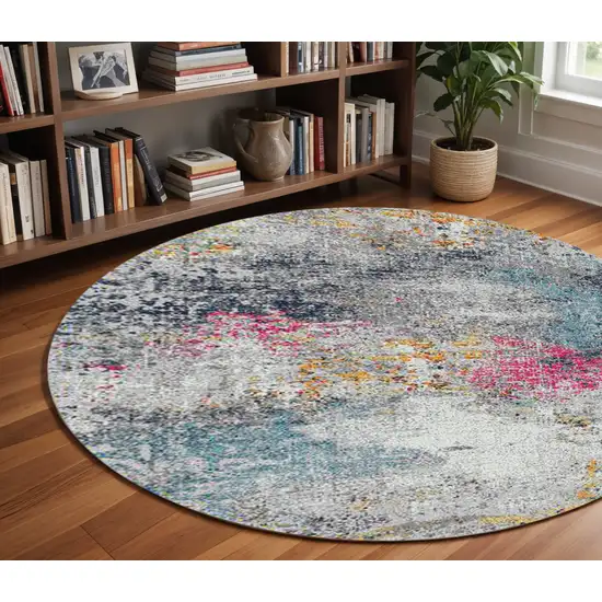 7' Blue and Pink Abstract Power Loom Round Rug Photo 1
