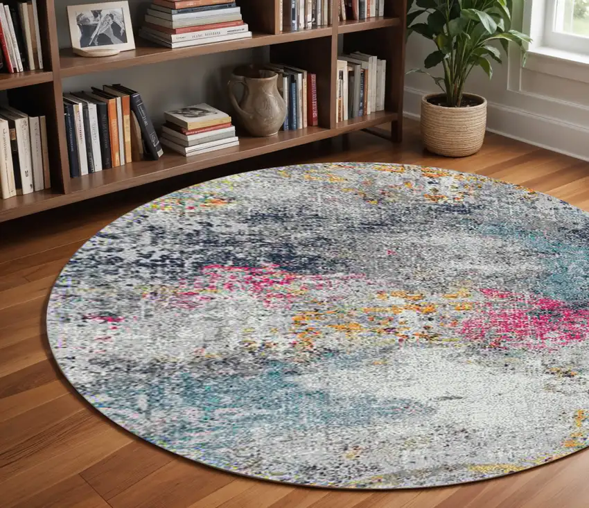 7' Blue and Pink Abstract Power Loom Round Rug Photo 1