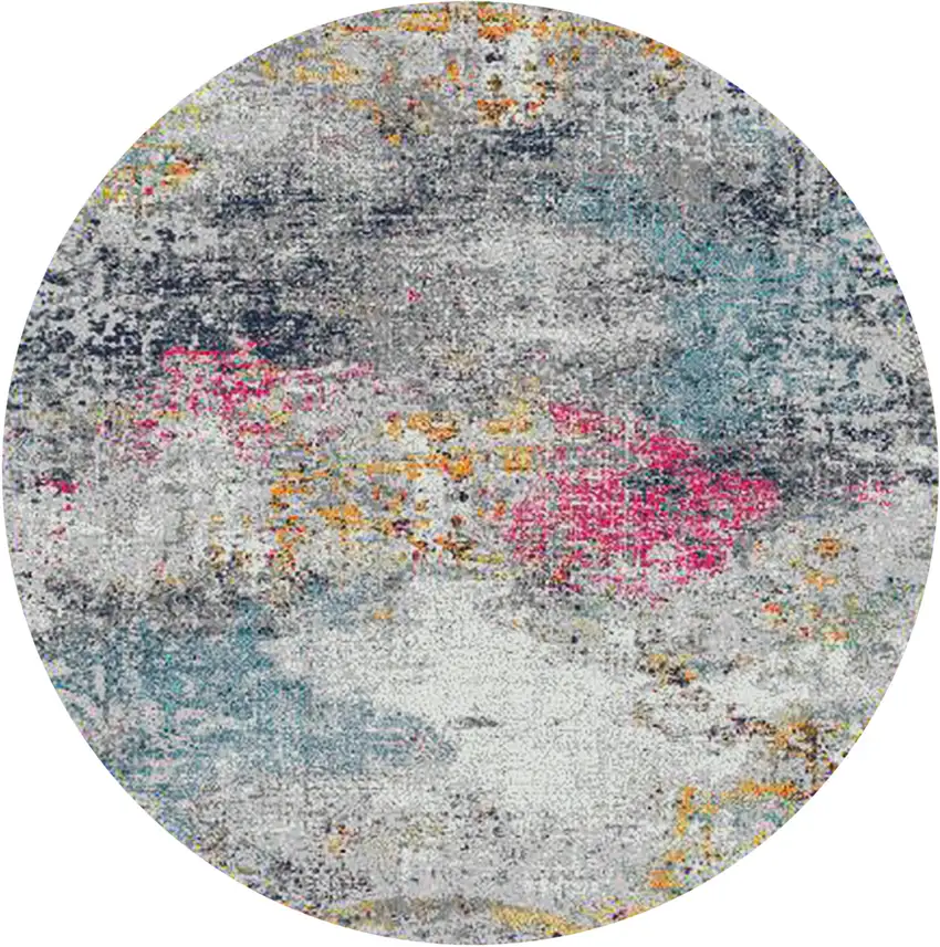 7' Blue and Pink Round Abstract Power Loom Area Rug Photo 1