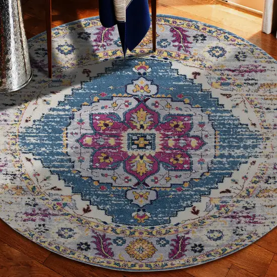 6' Blue and Pink Round Medallion Power Loom Area Rug Photo 6