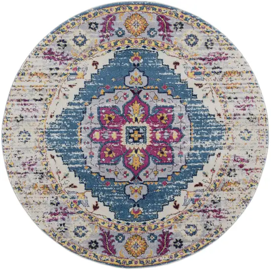 6' Blue and Pink Round Medallion Power Loom Area Rug Photo 1