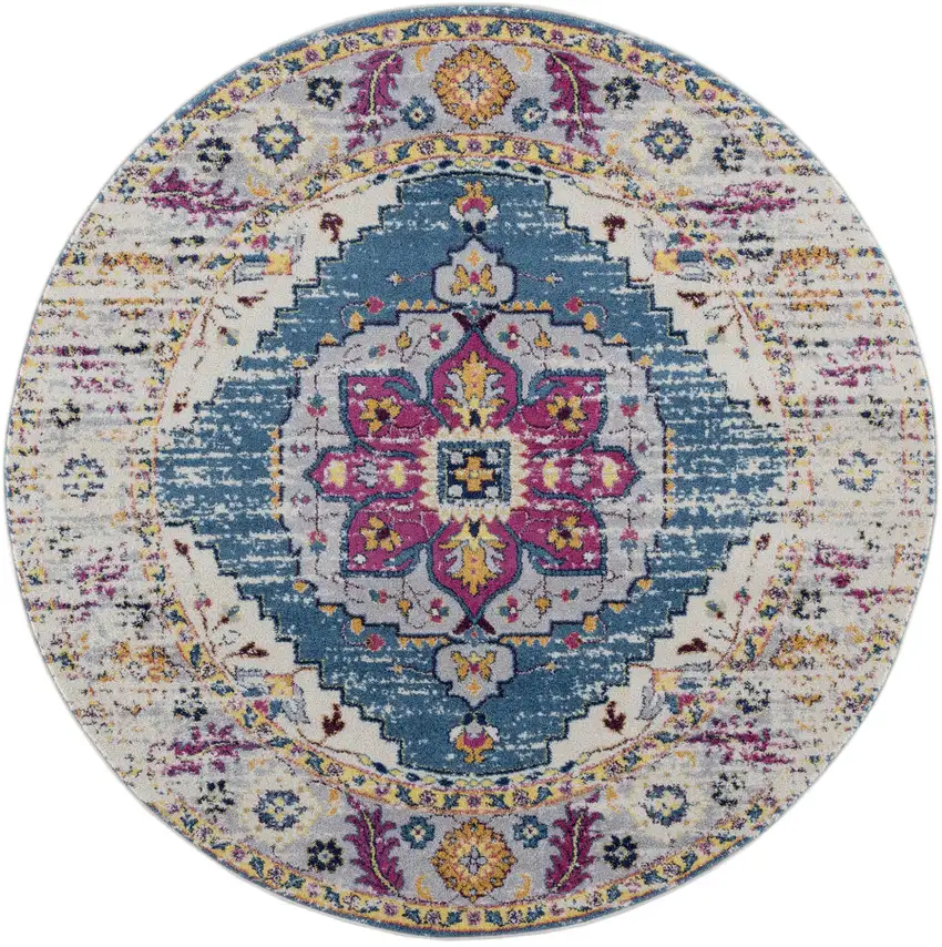6' Blue and Pink Round Medallion Power Loom Area Rug Photo 1