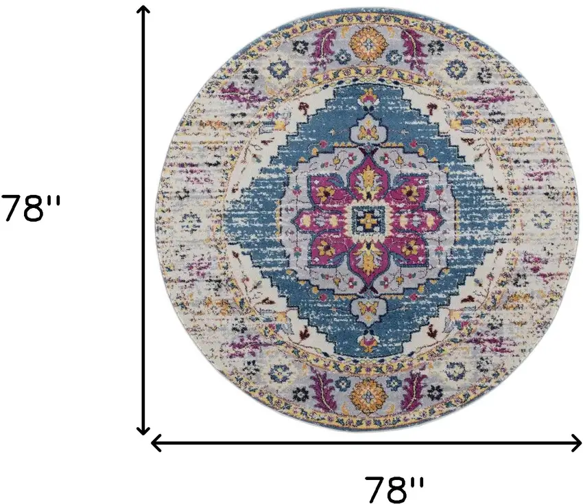 6' Blue and Pink Round Medallion Power Loom Area Rug Photo 7