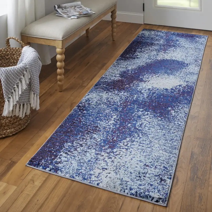 8' Blue and Purple Abstract Power Loom Runner Rug Photo 6
