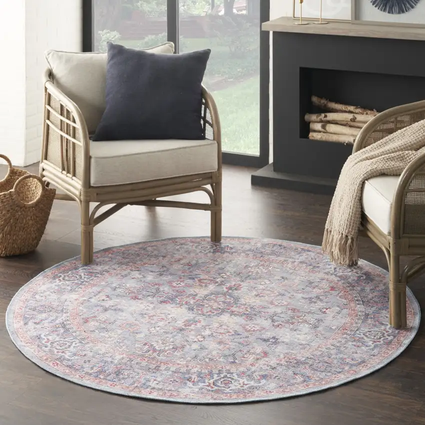 5' Blue and Purple Round Floral Power Loom Distressed Area Rug Photo 5