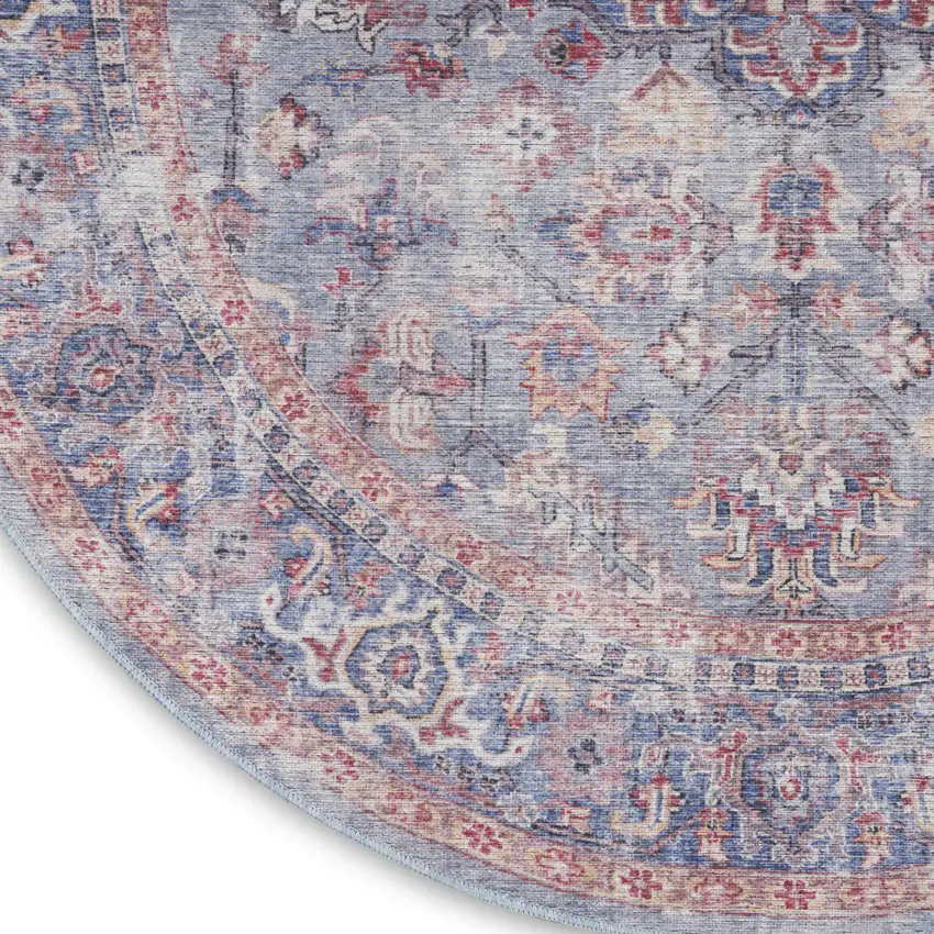 5' Blue and Purple Round Floral Power Loom Distressed Area Rug Photo 9