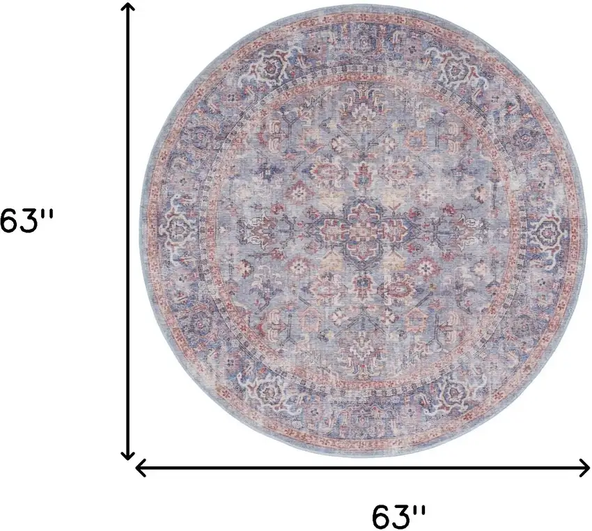 5' Blue and Purple Round Floral Power Loom Distressed Area Rug Photo 3