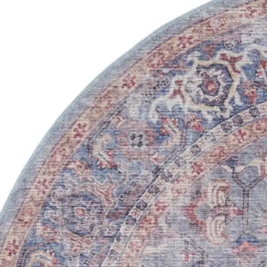 5' Blue and Purple Round Floral Power Loom Distressed Area Rug Photo 4