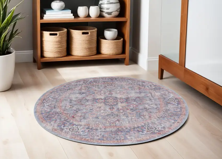 5' Blue and Purple Round Floral Power Loom Distressed Area Rug Photo 1