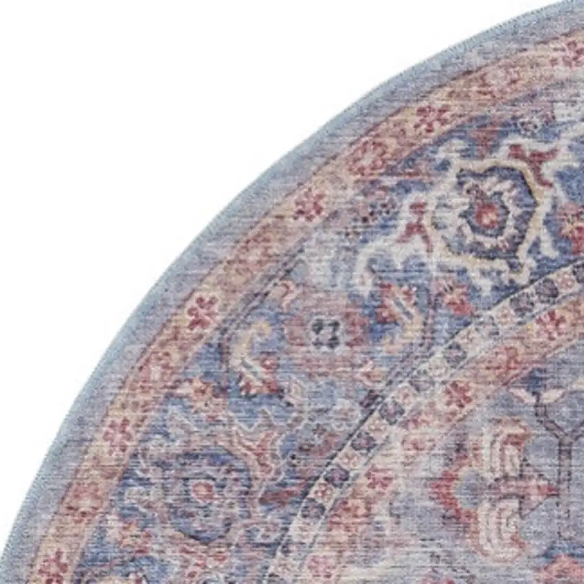 5' Blue and Purple Round Floral Power Loom Distressed Area Rug Photo 7