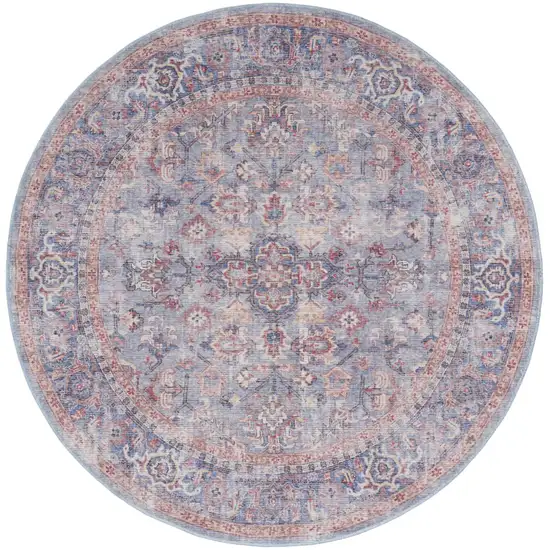 5' Blue and Purple Round Floral Power Loom Distressed Area Rug Photo 1