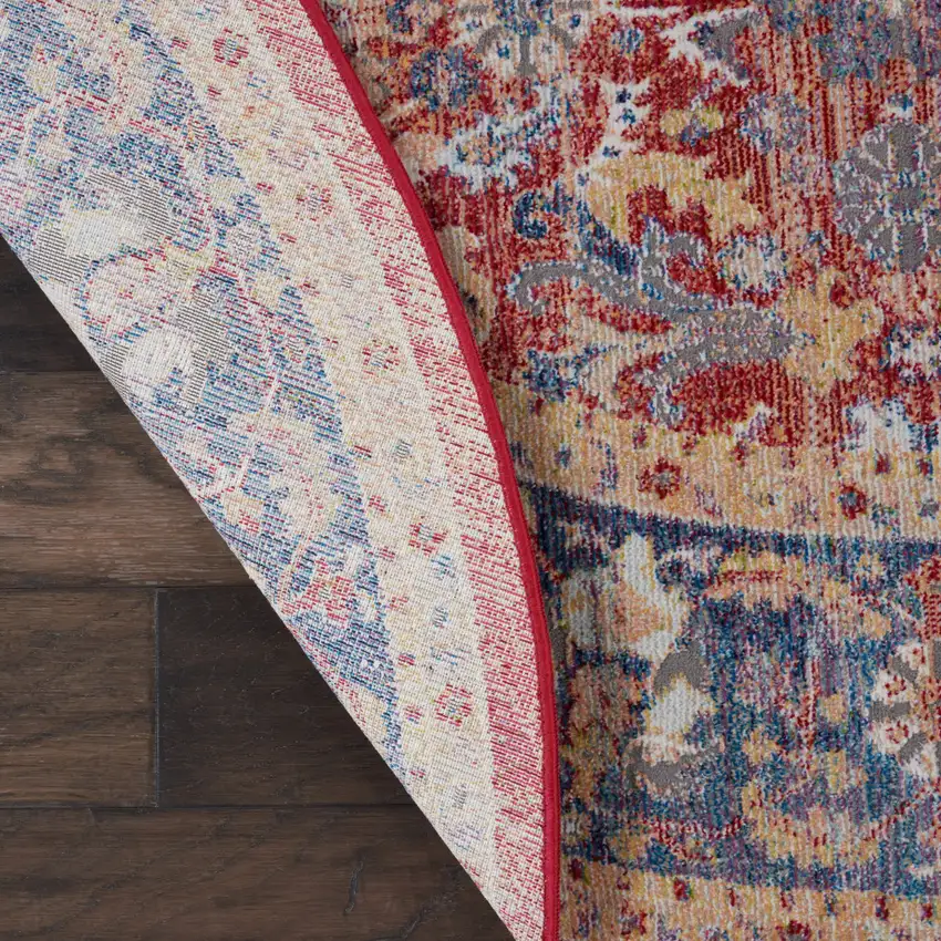 4' Blue and Red Floral Distressed Non Skid Round Rug Photo 6