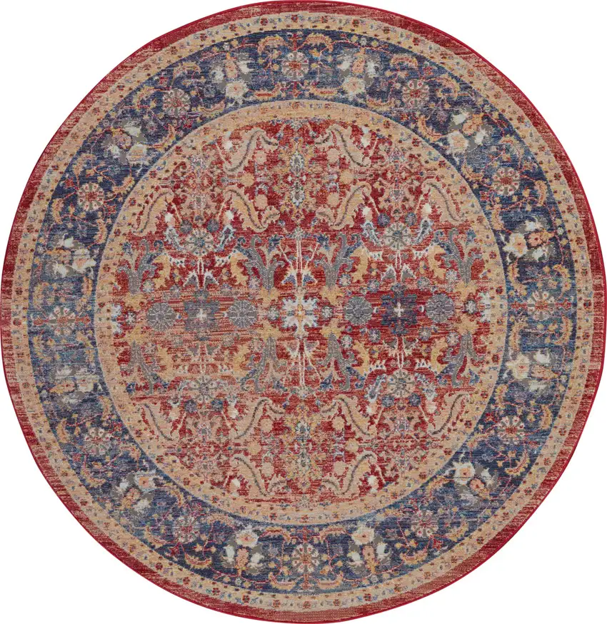 4' Blue and Red Floral Distressed Non Skid Round Rug Photo 2
