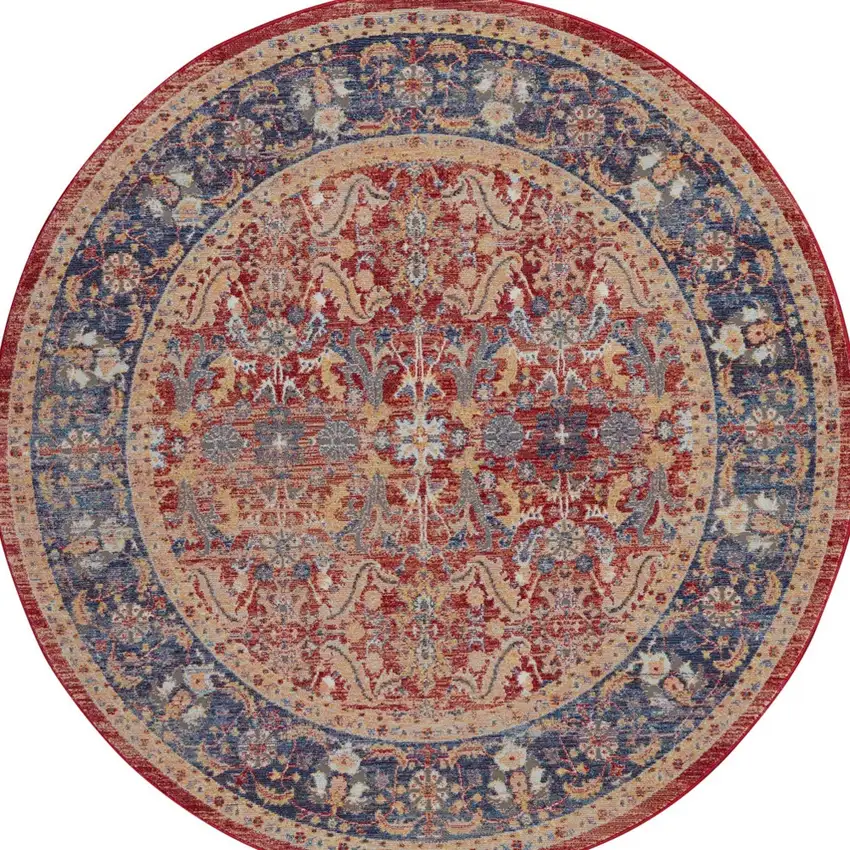 4' Blue and Red Floral Distressed Non Skid Round Rug Photo 9