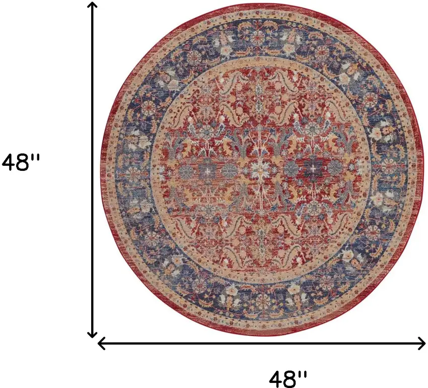 4' Blue and Red Floral Distressed Non Skid Round Rug Photo 3
