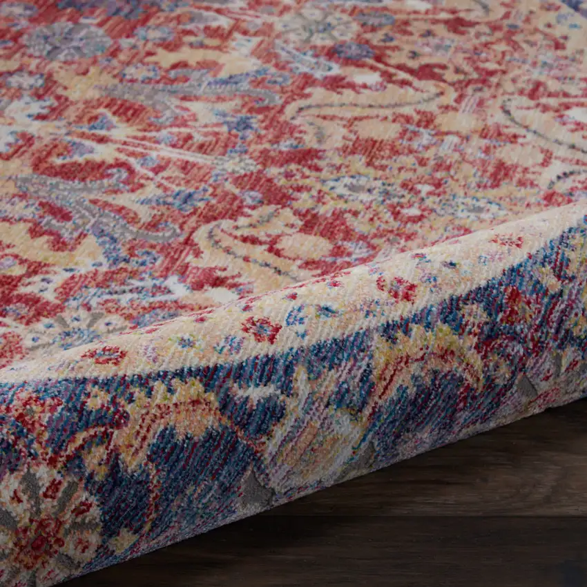 4' Blue and Red Floral Distressed Non Skid Round Rug Photo 7