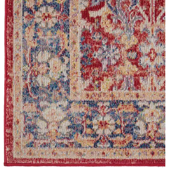 8' Blue and Red Floral Distressed Non Skid Runner Rug Photo 5
