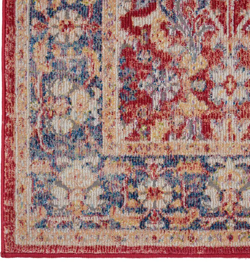 8' Blue and Red Floral Distressed Non Skid Runner Rug Photo 5