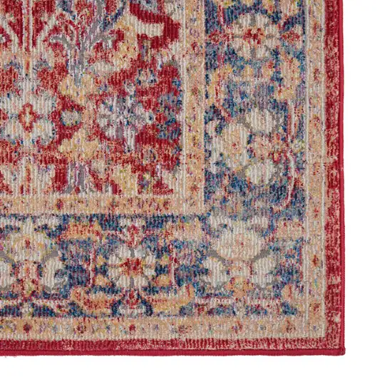 8' Blue and Red Floral Distressed Non Skid Runner Rug Photo 4
