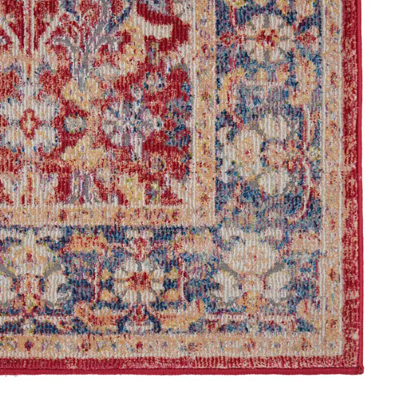8' Blue and Red Floral Distressed Non Skid Runner Rug Photo 4