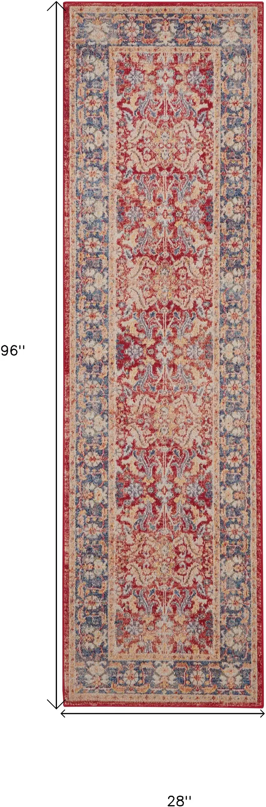 8' Blue and Red Floral Distressed Non Skid Runner Rug Photo 3