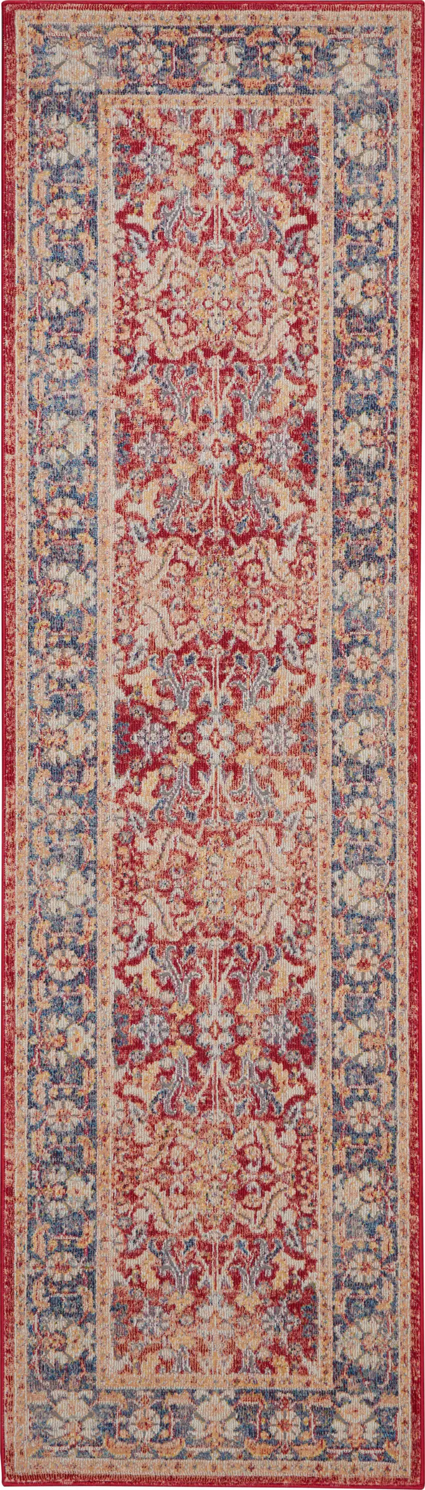 8' Blue and Red Floral Distressed Non Skid Runner Rug Photo 2