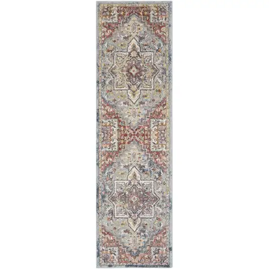 8' Blue and Red Floral Distressed Runner Rug Photo 1