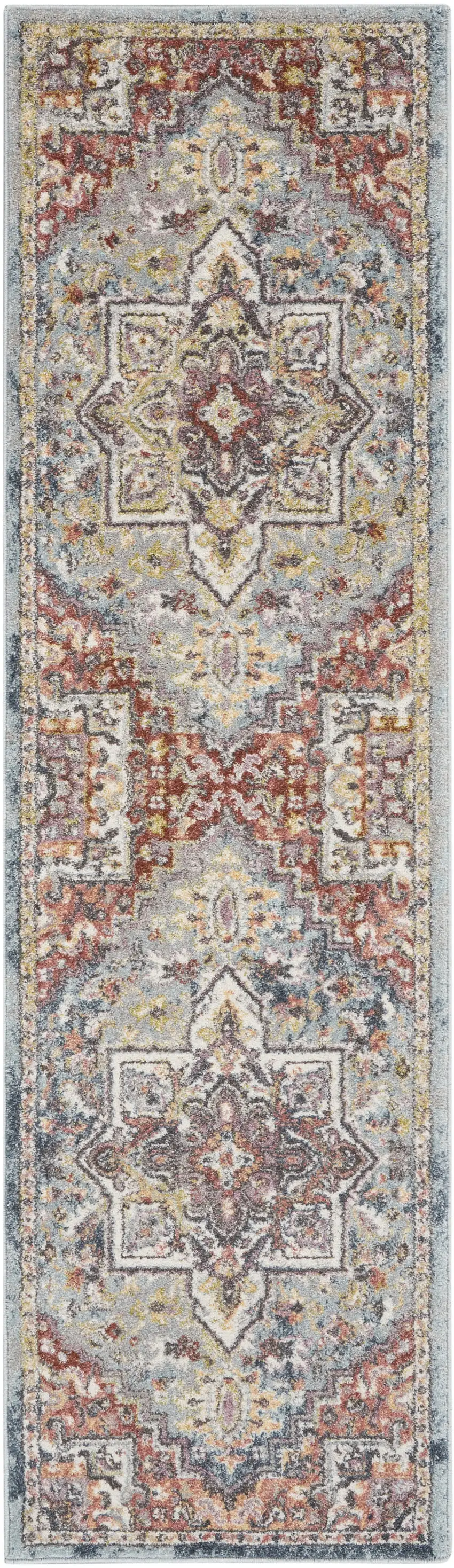 8' Blue and Red Floral Distressed Runner Rug Photo 1