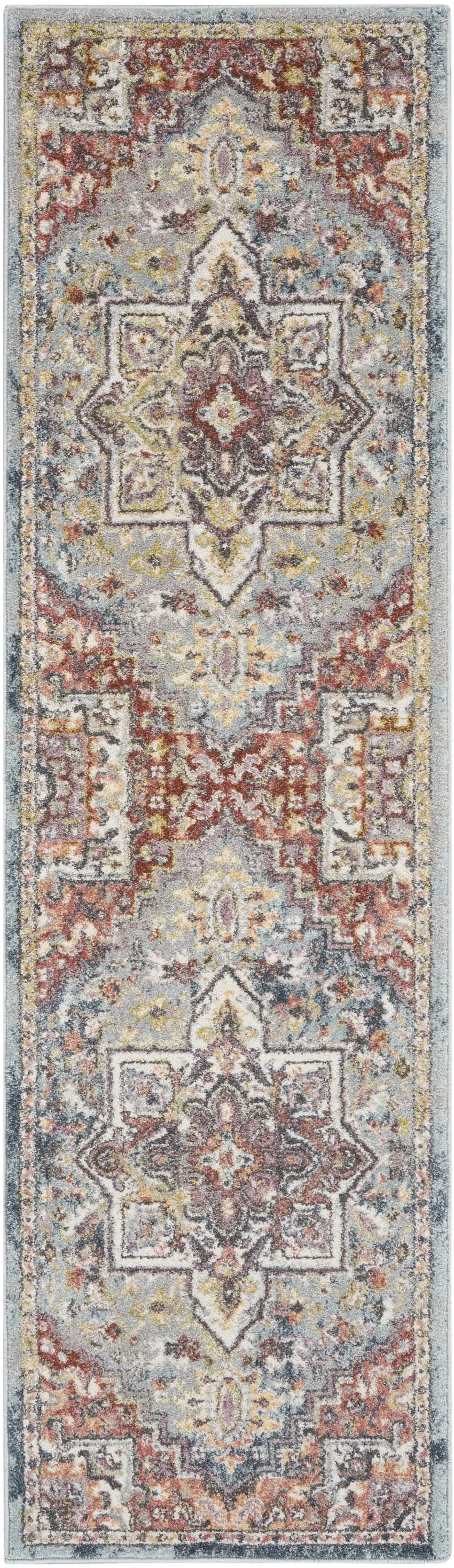 8' Blue and Red Floral Distressed Runner Rug Photo 2