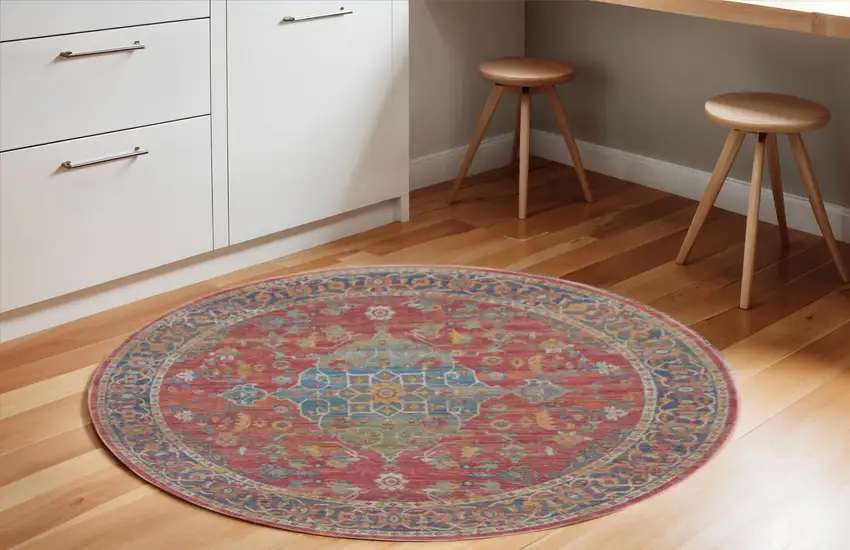 6' Blue and Red Floral Medallion Distressed Non Skid Round Rug Photo 1