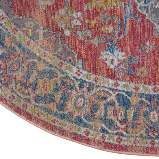 6' Blue and Red Floral Medallion Distressed Non Skid Round Rug Photo 9