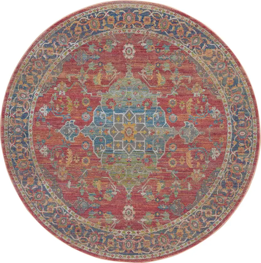 6' Blue and Red Floral Medallion Distressed Non Skid Round Rug Photo 2