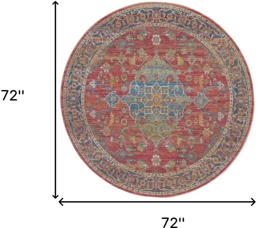 6' Blue and Red Floral Medallion Distressed Non Skid Round Rug Photo 3