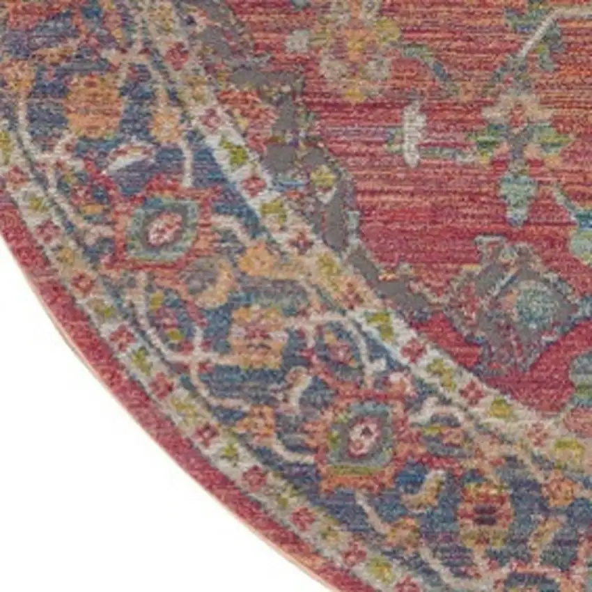 6' Blue and Red Floral Medallion Distressed Non Skid Round Rug Photo 3