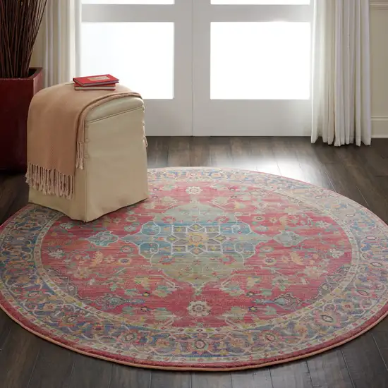 6' Blue and Red Floral Medallion Distressed Non Skid Round Rug Photo 5