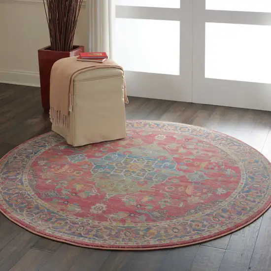 6' Blue and Red Floral Medallion Distressed Non Skid Round Rug Photo 6