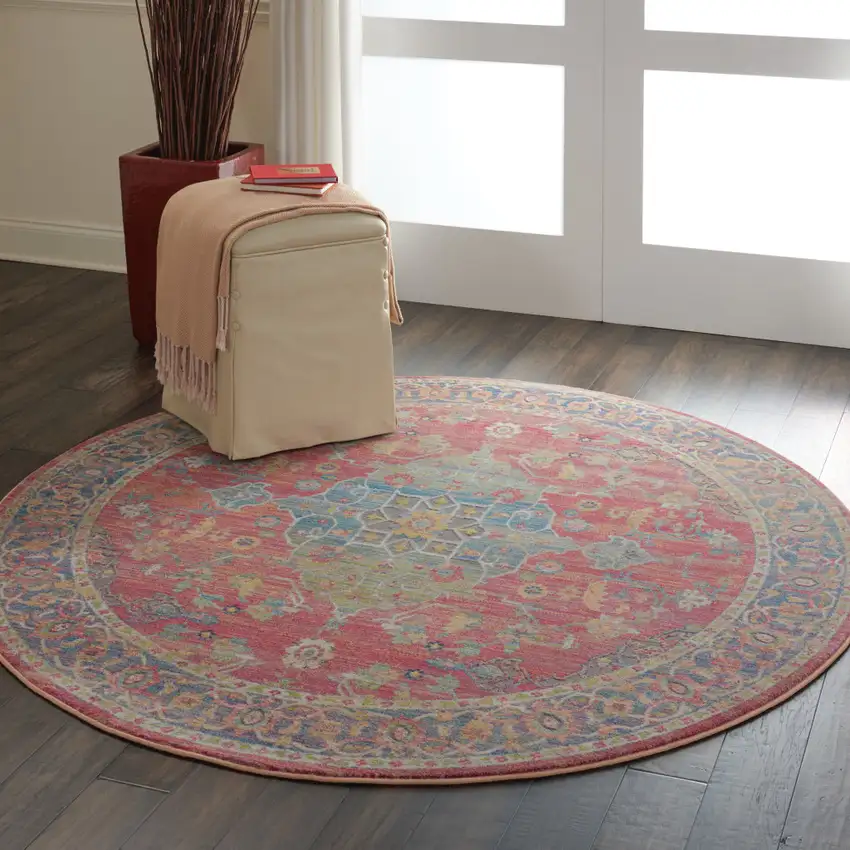 6' Blue and Red Floral Medallion Distressed Non Skid Round Rug Photo 6
