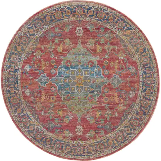 6' Blue and Red Floral Medallion Distressed Non Skid Round Rug Photo 4